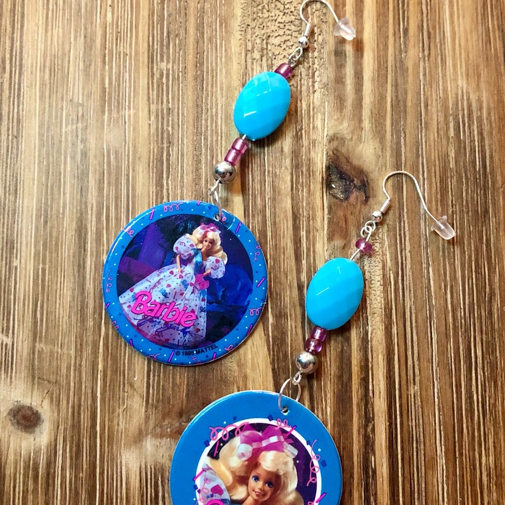 Unique Handcrafted Vintage 90s Barbie 4” Beaded Dangle Pog Earrings - RARE!